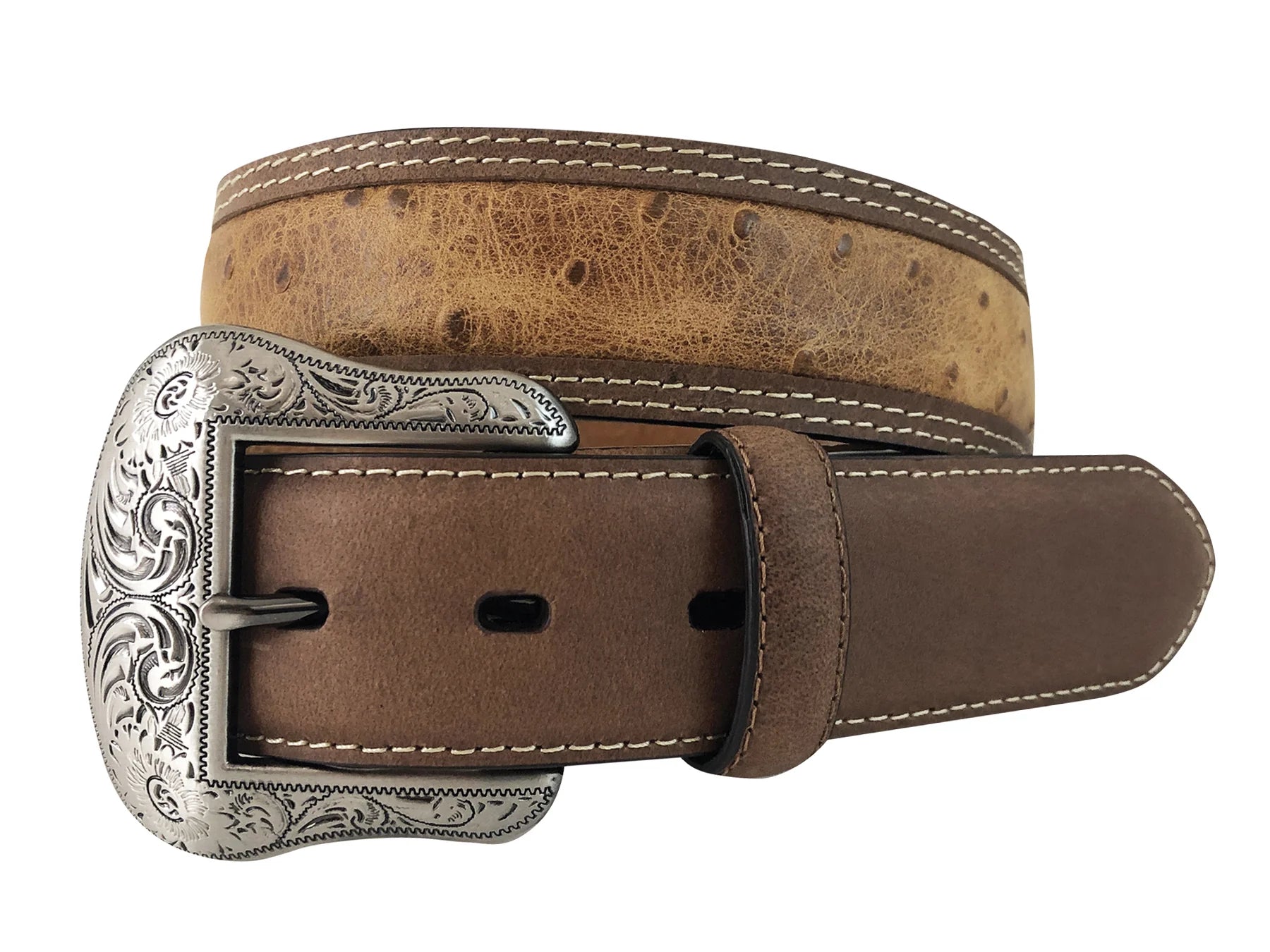 Roper Men's Genuine Leather Brown and Tan Belt - Rustic Ostrich Print Leather - The Trading Stables
