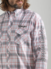 Wrangler Logo Western Long Sleeve Snap Shirt Grey Plaid - The Trading Stables