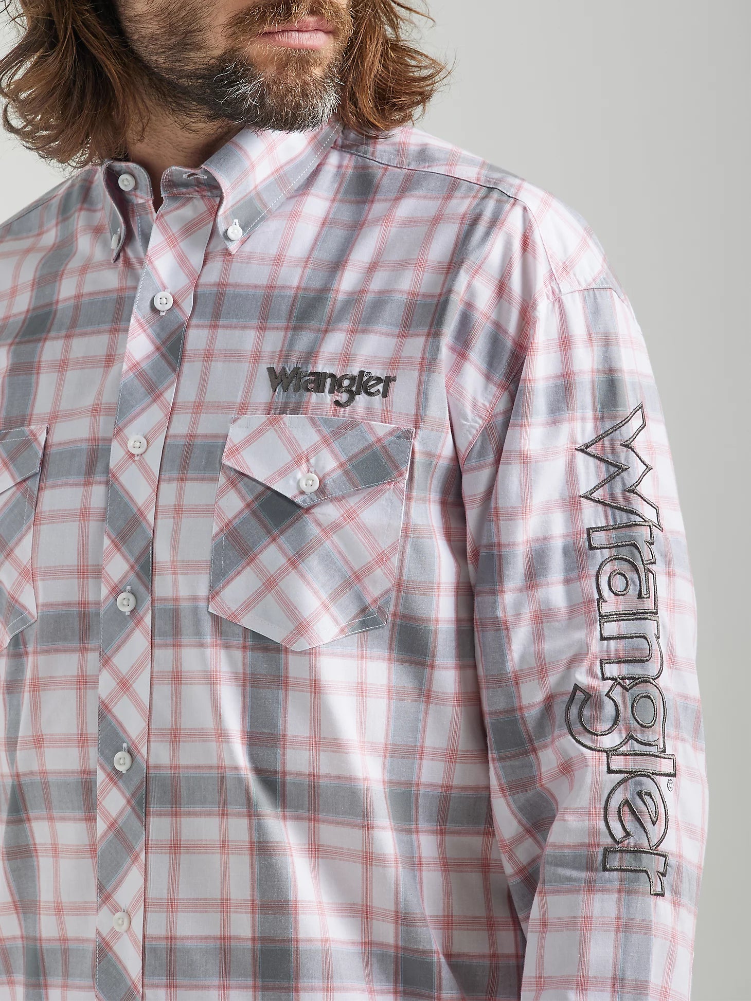 Wrangler Logo Western Long Sleeve Snap Shirt Grey Plaid - The Trading Stables