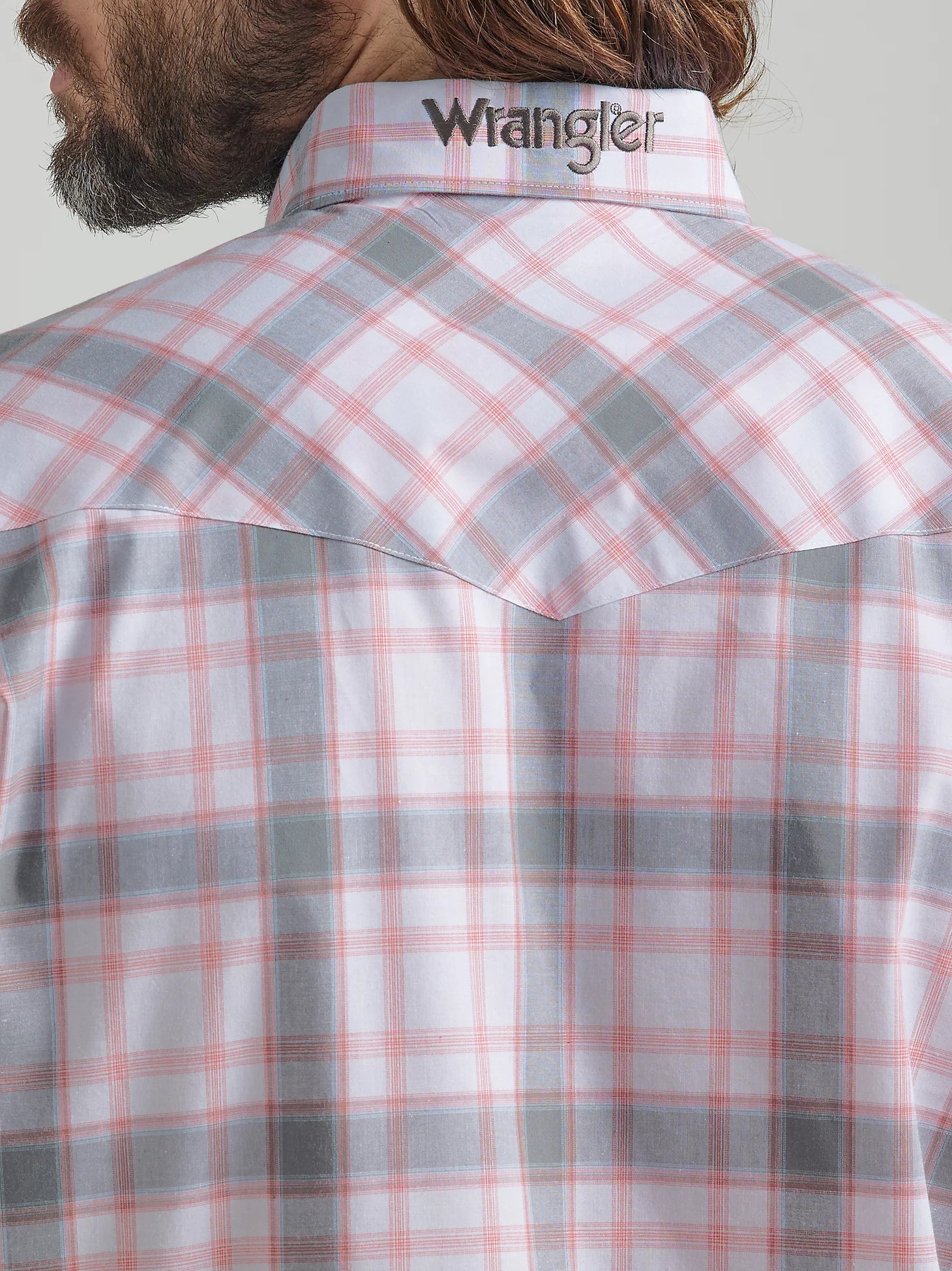 Wrangler Logo Western Long Sleeve Snap Shirt Grey Plaid - The Trading Stables