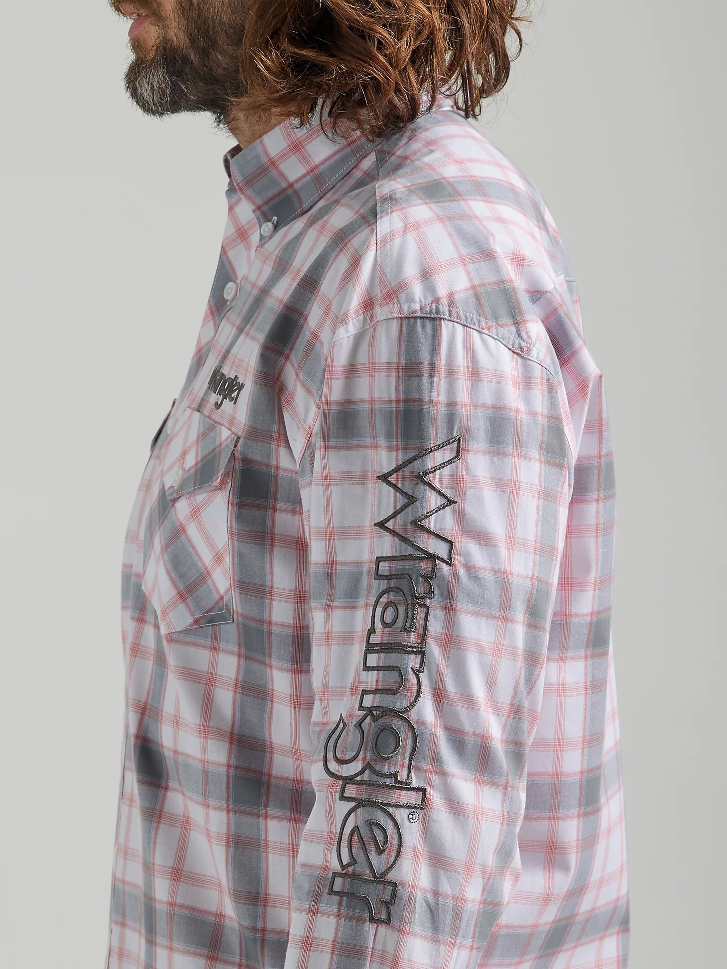 Wrangler Logo Western Long Sleeve Snap Shirt Grey Plaid - The Trading Stables