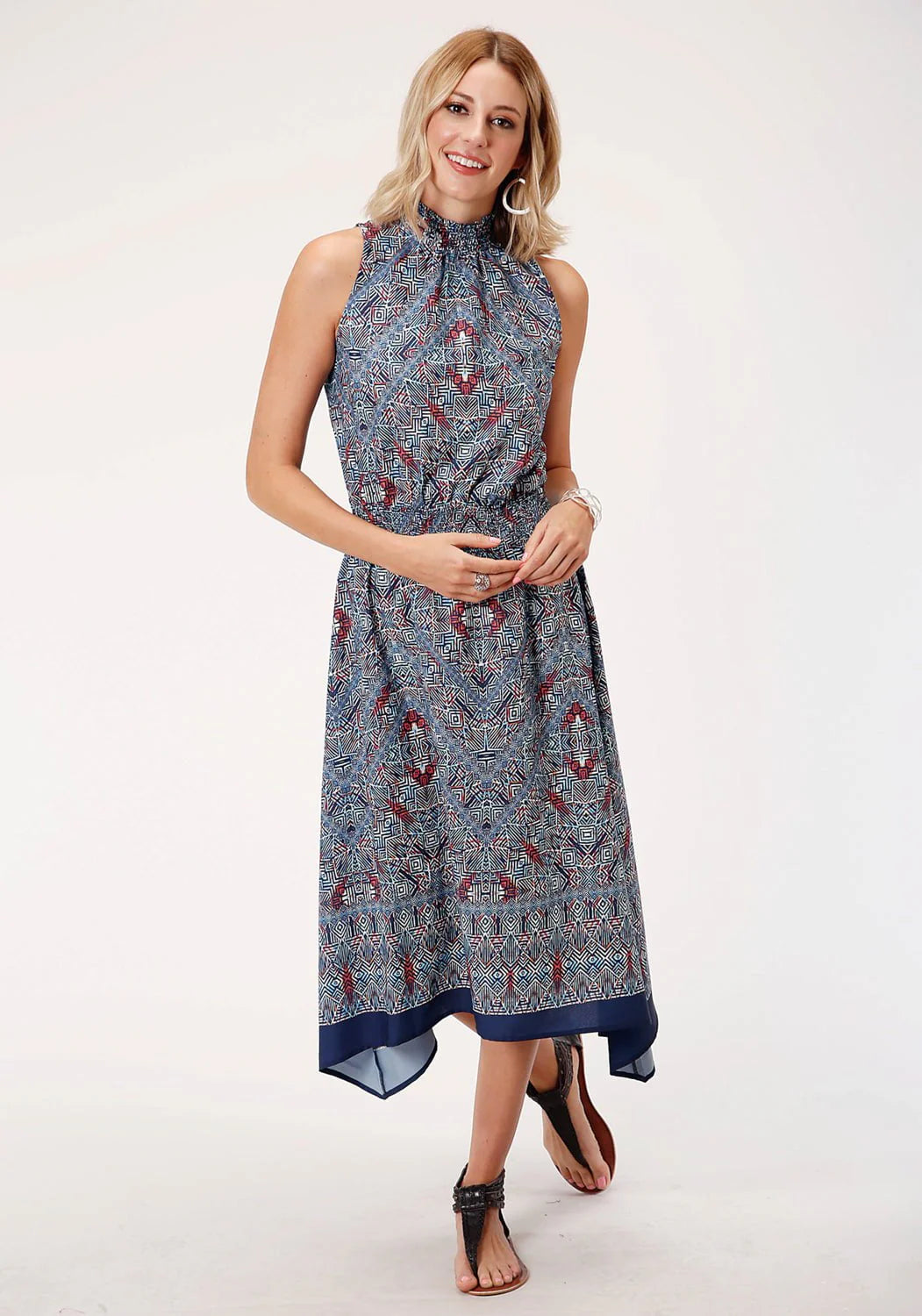 Roper Womens Blue Polyester Tribal Border  Hi-Lo Dress