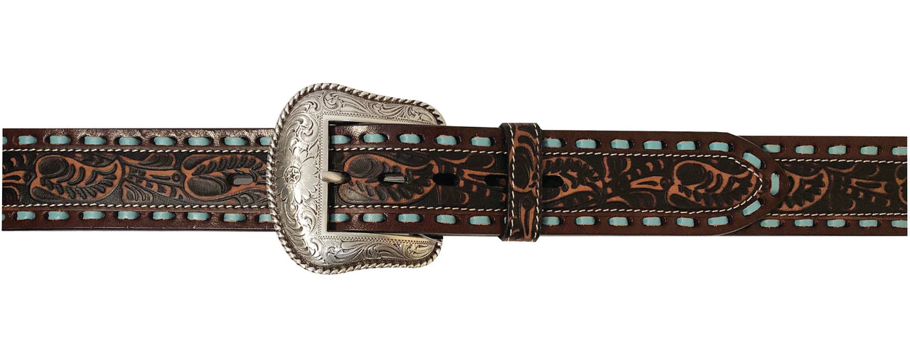 Roper Mens Belt 1.1/2" tooled Leather with Turquoise Lacing