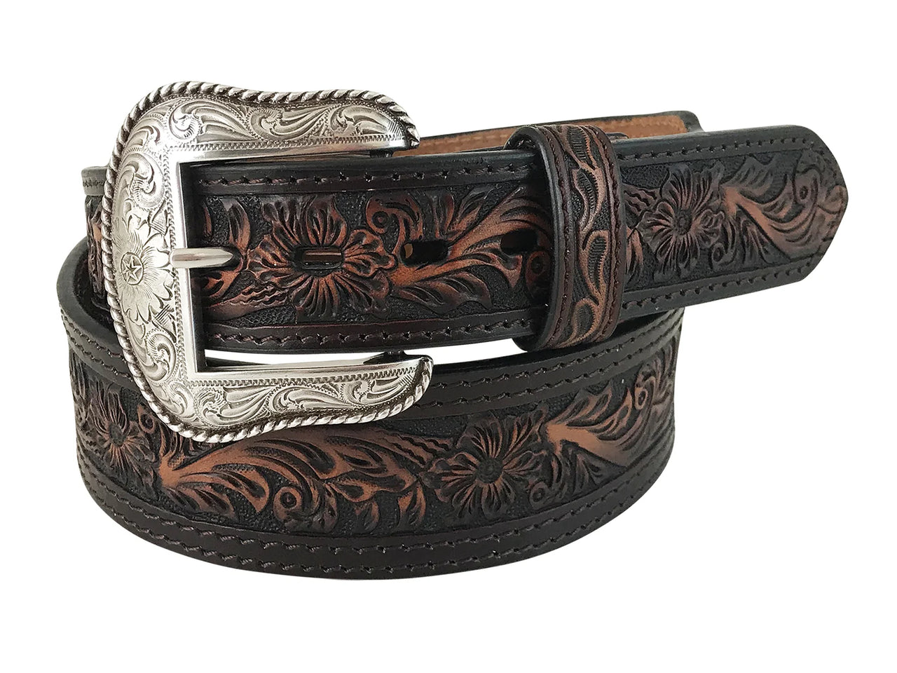 Roper Men's Genuine Leather Brown Belt - Hand Tooled Floral Double Stitched