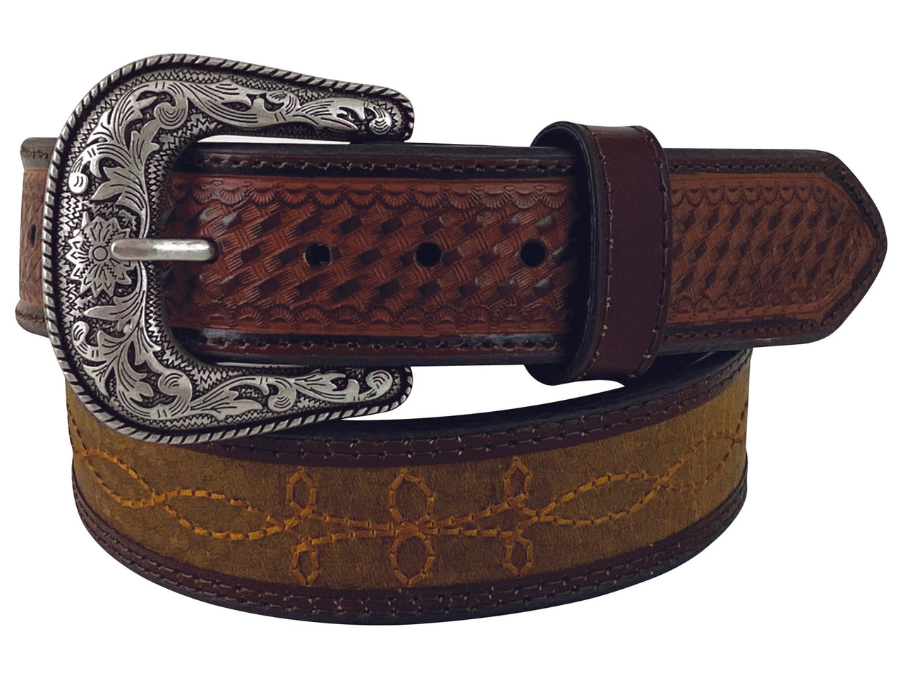 Roper Men's Leather Tan Belt - Basketweave Tabs with Distressed Inlay