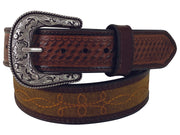 Roper Men's Leather Tan Belt - Basketweave Tabs with Distressed Inlay - The Trading Stables