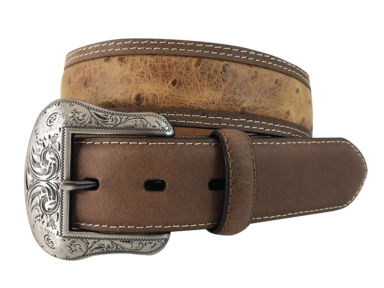 Roper Men's Genuine Leather Brown and Tan Belt - Rustic Ostrich Print Leather