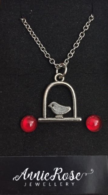 Annie Rose Silver Bird Pendant & Red Stud Earrings - The Trading Stables