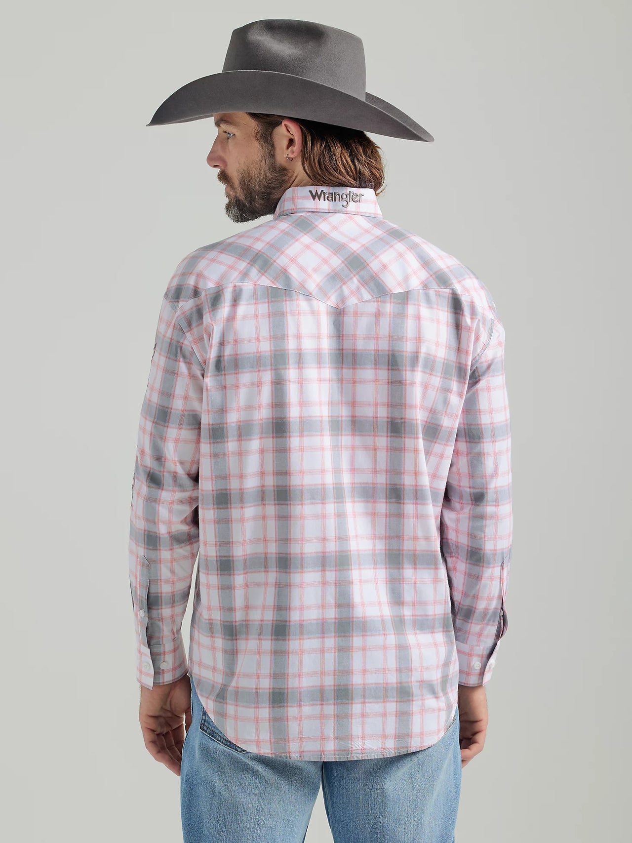 Wrangler Logo Western Long Sleeve Snap Shirt Grey Plaid - The Trading Stables