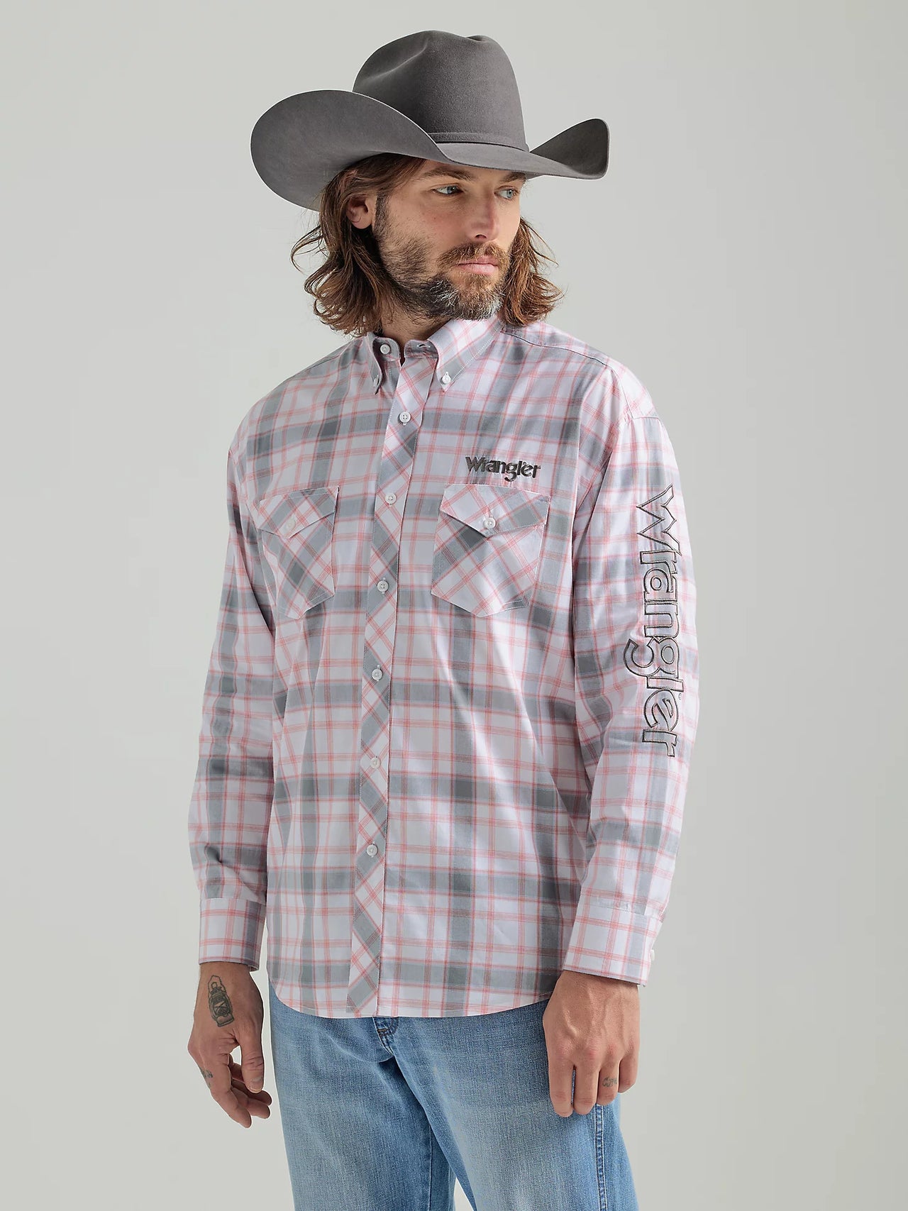 Wrangler Logo Western Long Sleeve Snap Shirt Grey Plaid - The Trading Stables